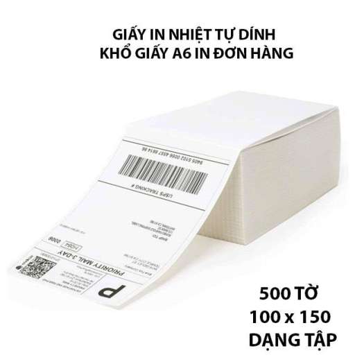Giấy Decal in nhiệt tự dính khổ A6 Khổ 100 x 150 mm 500 tờ dạng tệp, Giấy  in mã vạch